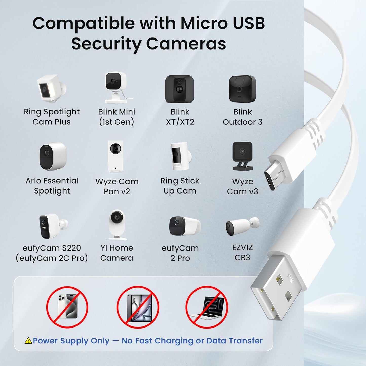 Flat USB a to Micro USB Power Extension Cable 20FT/6M 2Pack,White