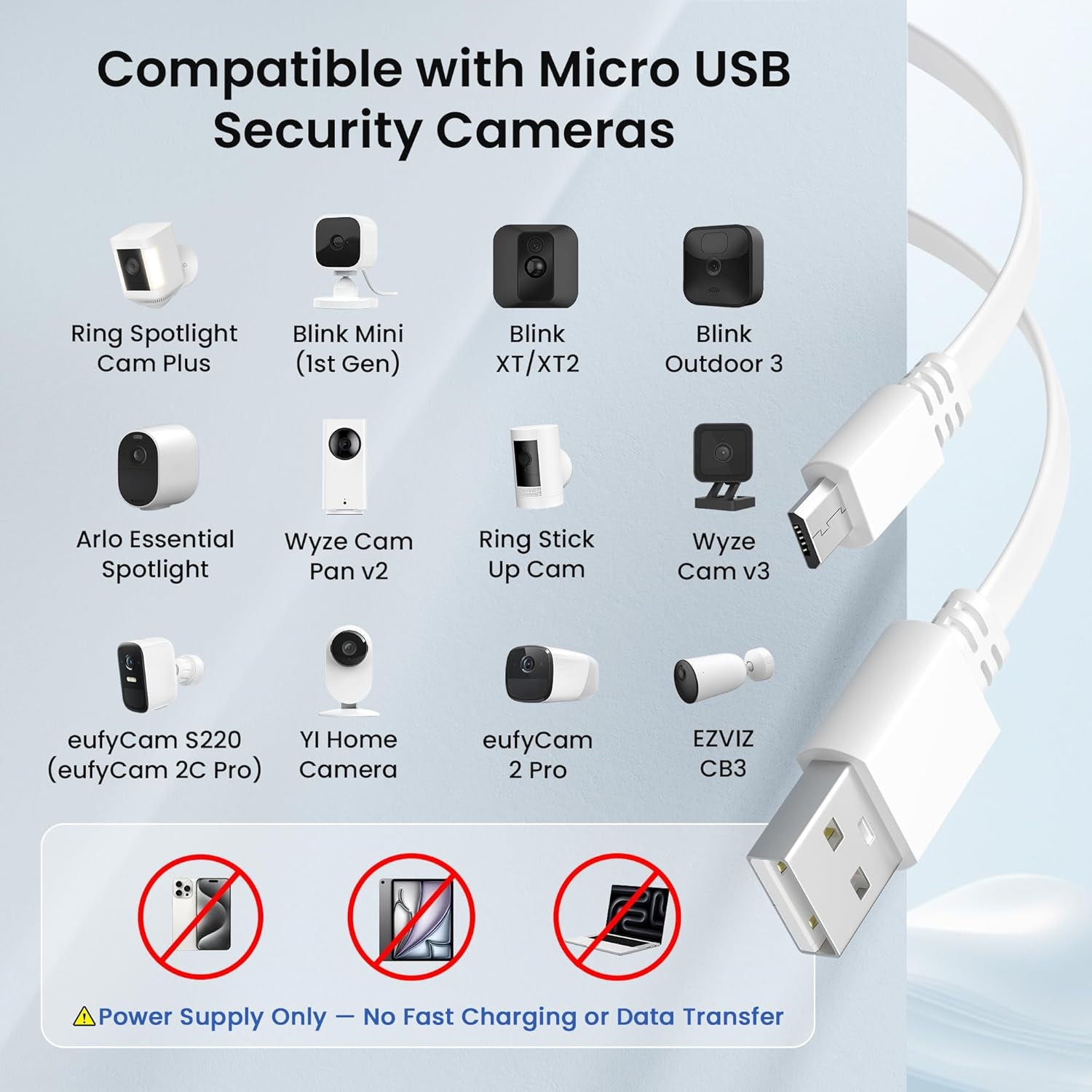 Flat USB a to Micro USB Power Extension Cable 20FT/6M 2Pack,White