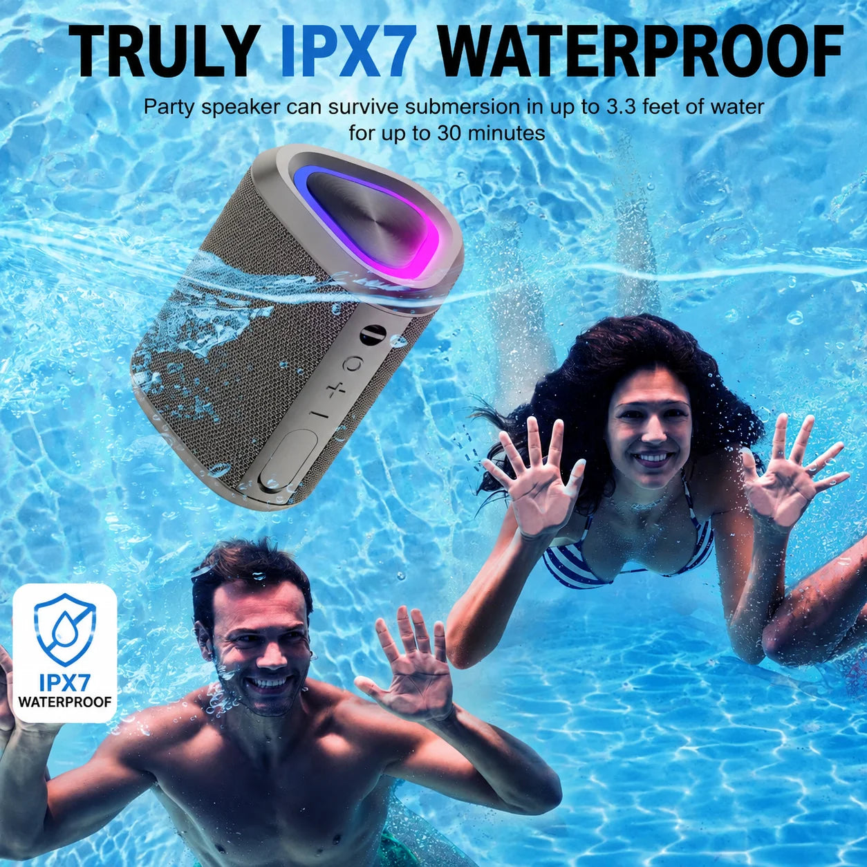 Portable Bluetooth Speaker with LED Lights,Bluetooth 5.3,24H Playtime,Stereo Bass,Built-In Microphone,Ipx7 Waterproof Wireless Outdoor Speaker,Grey
