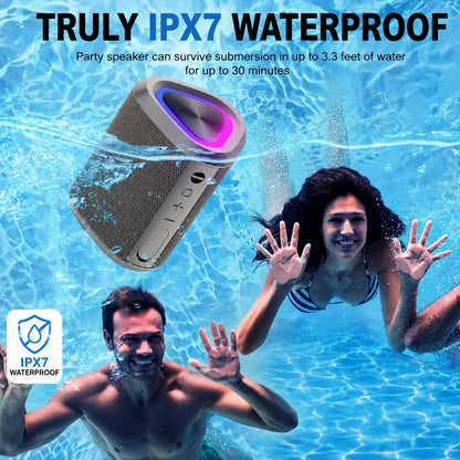 Portable Bluetooth Speaker with LED Lights,Bluetooth 5.3,24H Playtime,Stereo Bass,Built-In Microphone,Ipx7 Waterproof Wireless Outdoor Speaker,Grey